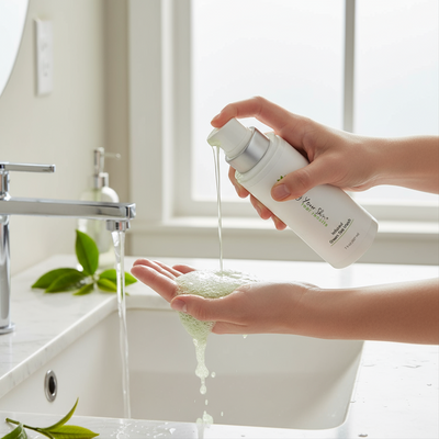 A pump bottle of infused green tea wash with white label.