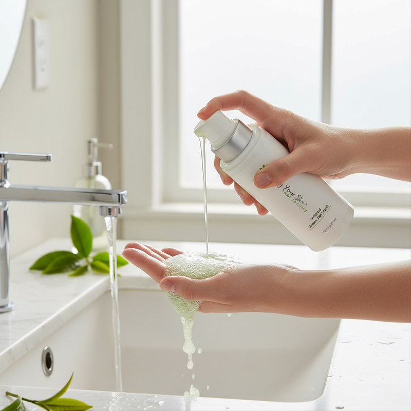 A pump bottle of infused green tea wash with white label.